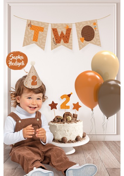 Minimal Boho Temalı 2 Yaş Doğum Günü Parti Seti (Banner, 7'li Balon, Pasta Süsü)