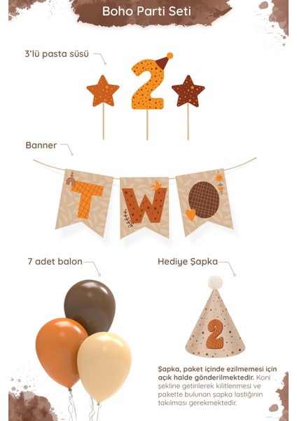 Minimal Boho Temalı 2 Yaş Doğum Günü Parti Seti (Banner, 7'li Balon, Pasta Süsü) fiyatları