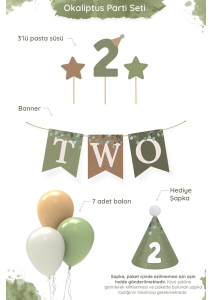 Okaliptus Temalı 2 Yaş Minimal Doğum Günü Parti Seti (Banner, 7'li Balon, Pasta Süsü) fiyatları