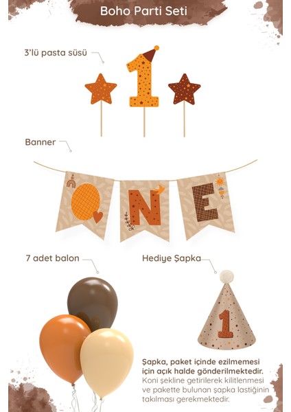 Minimal Boho Temalı 1 Yaş Doğum Günü Parti Seti (Banner, 7'li Balon, Pasta Süsü) fiyatları