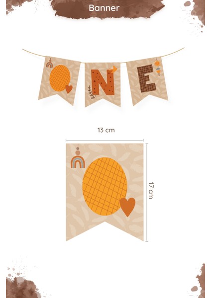 Minimal Boho Temalı 1 Yaş Doğum Günü Parti Seti (Banner, 7'li Balon, Pasta Süsü) modelleri