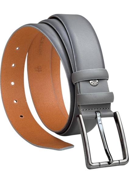 Gri Hakiki Deri Düz Renk Model 3.5 Cm. Tokalı Klasik Kemer - 215-DUZ-ST