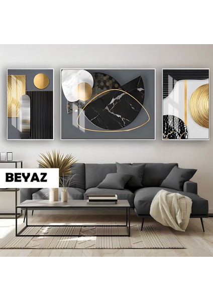 |siyah&gold Set Bohem Soyut Model |çerçeveli Temperli Cam Tablo 3lü Yatay