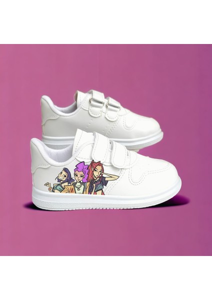 K Pop Baskılı Beyaz Bantlı Çocuk Spor Ayakkabı Sneaker