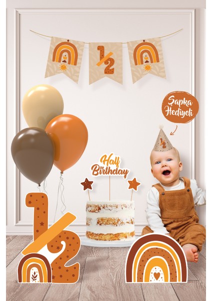 Boho Natural Gökkuşağı Temalı Yarım Yaş 6 Aylık Doğum Günü Parti Seti