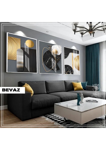 |siyah&gold Set Bohem Soyut Kombini|çerçeveli Cam Tablo 3lü Dikey