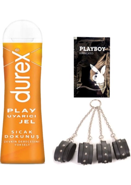 Play Sıcak Dokunuş Bay Bayan Uyarıcılı Jel 100 ml + Siyah Deri El ve Ayak Kelepçesi + Hediye