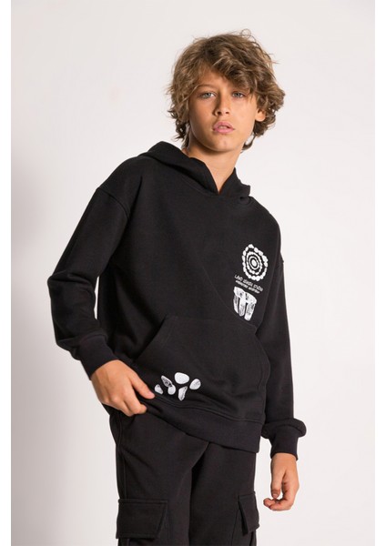 Erkek Çocuk Kapüşonlu Eşofman Takım Oversize Ön ve Sırt Baskılı