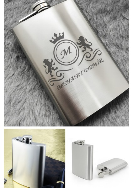 Kişiye Isme Özel Aslanlar Motifli 9 Oz Paslanmaz Çelik Cep Matarası 266 ml Içecek Cep Matarası