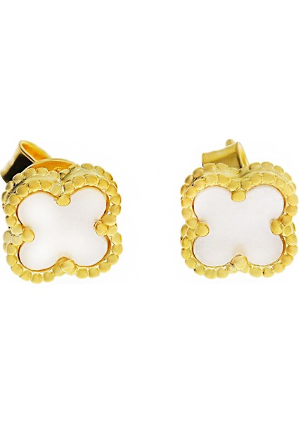 Kadın Gold Renk Beyaz Taş Detay Yonca Model Gümüş Küpe