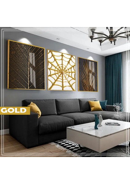 |siyah&gold Set Yaprak Örümcek Ağı Kombini|çerçeveli Cam Tablo 3lü Dikey