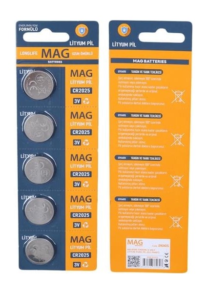 MG-2025 CR2025 3 Volt Lityum Para Pil (5'li Blister Paket)