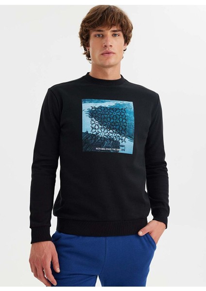 Siyah Baskılı Bisiklet Yaka Pamuklu Regular Fit Erkek Sweatshirt Wmlondon Rıver