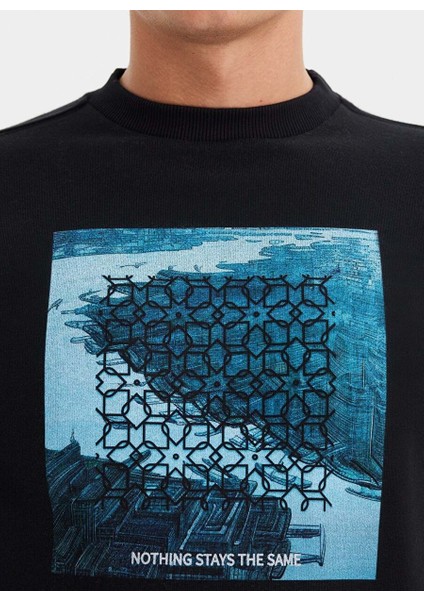 Siyah Baskılı Bisiklet Yaka Pamuklu Regular Fit Erkek Sweatshirt Wmlondon Rıver modelleri