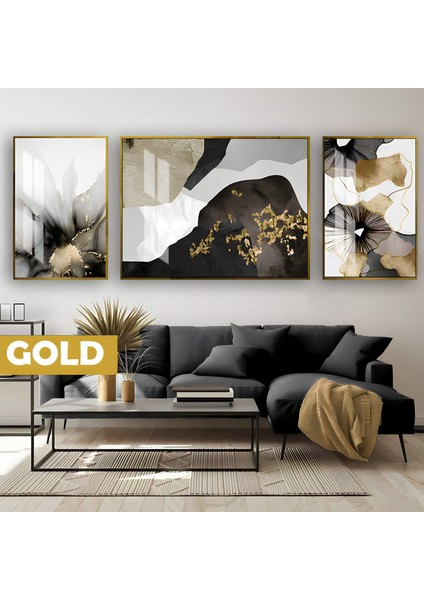 |siyah&gold Set Çiçek Desenli Kombini Gardenıa|çerçeveli Temperli Cam Tablo 3lü Yatay