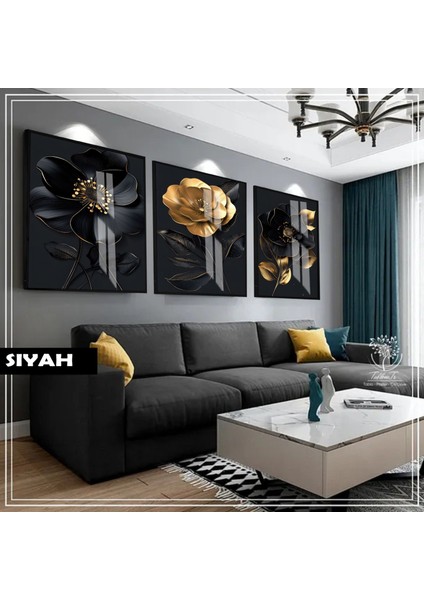 |siyah&gold Set Macro Manolya Kombini|çerçeveli Cam Tablo 3lü Dikey