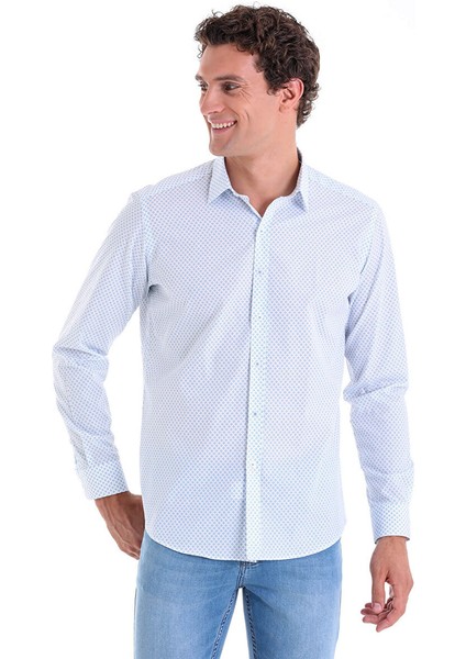 Mavi Slim Fit Baskılı 100% Pamuk Slim Yaka Uzun Kollu Casual Gömlek