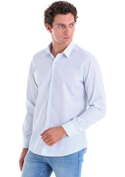 Mavi Slim Fit Baskılı 100% Pamuk Slim Yaka Uzun Kollu Casual Gömlek