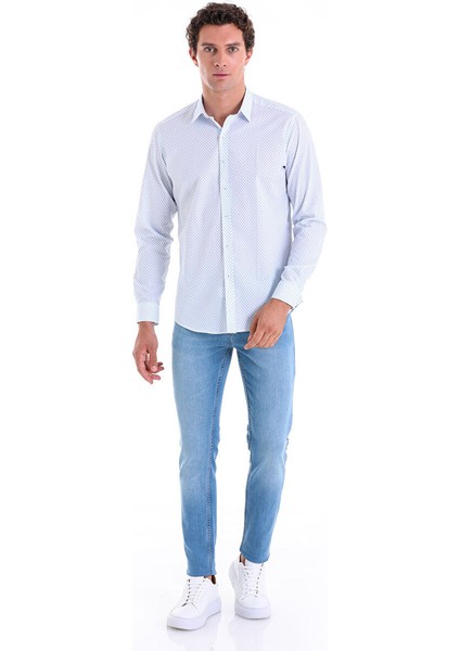 Mavi Slim Fit Baskılı 100% Pamuk Slim Yaka Uzun Kollu Casual Gömlek