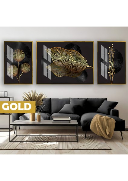 |siyah&gold Set Bitkiler Kombin Modeli|çerçeveli Temperli Cam Tablo 3lü Yatay