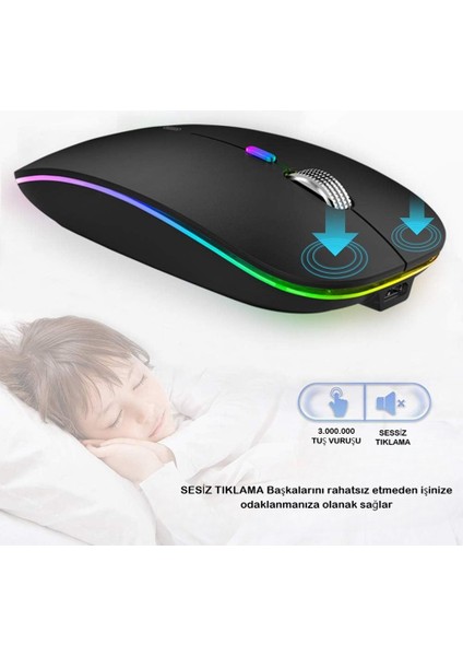 Kablosuz Şarjlı Mouse Bluetooth ve 2.4ghz- Rgb Işıklı - Sessiz Tıklama fırsatları