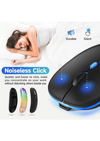Kablosuz Şarjlı Mouse Bluetooth ve 2.4ghz- Rgb Işıklı - Sessiz Tıklama