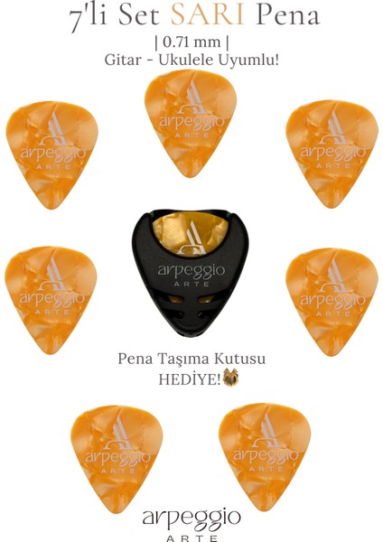 7’li Sarı Gitar ve Ukulele Pena Seti + Pena Taşıma Kutusu Hediye | Selüloid Pena (0,71MM)