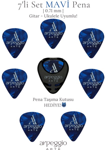 7’li Mavi Gitar ve Ukulele Pena Seti + Pena Taşıma Kutusu Hediye | Selüloid Pena (0,71MM)