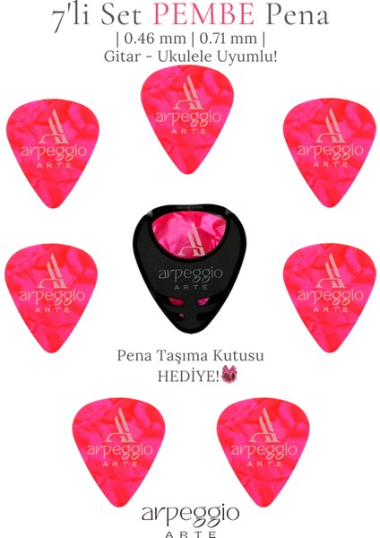 7’li Pembe Gitar ve Ukulele Pena Seti + Pena Taşıma Kutusu Hediye | Selüloid Pena (0,71MM)