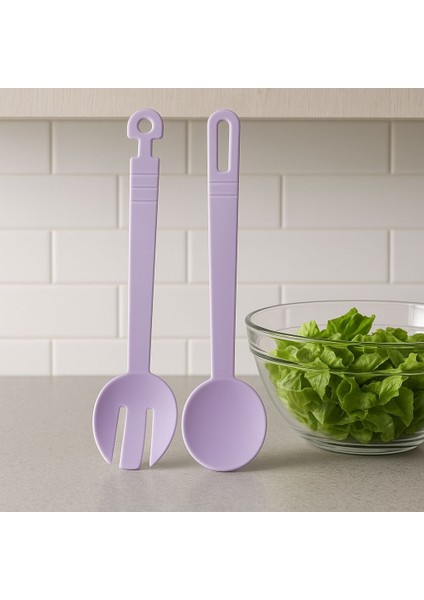 Pastel Renkli Lila Salata Kepçe Kaşık Seti - 2'li Salata Servis Seti Karıştırma Kaşığı 30 cm