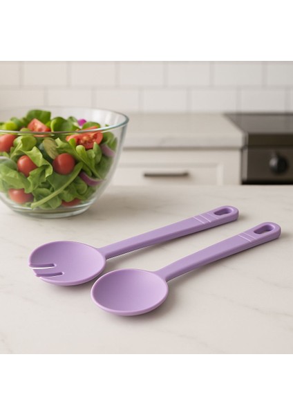 Pastel Renkli Lila Salata Kepçe Kaşık Seti - 2'li Salata Servis Seti Karıştırma Kaşığı 30 cm