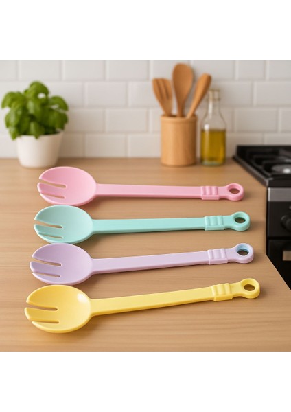 Pastel Renkli Lila Salata Kepçe Kaşık Seti - 2'li Salata Servis Seti Karıştırma Kaşığı 30 cm