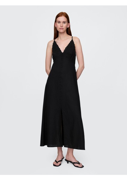 Kadın Siyah Linen-Blend Nakışlı Halter Maxi Elbise
