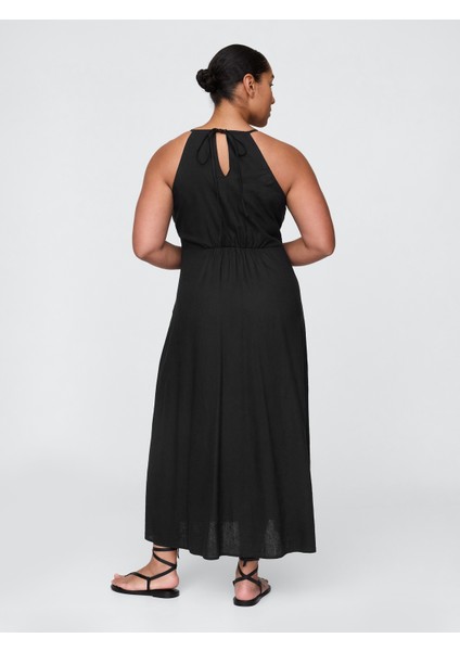 Kadın Siyah Linen-Blend Nakışlı Halter Maxi Elbise modelleri