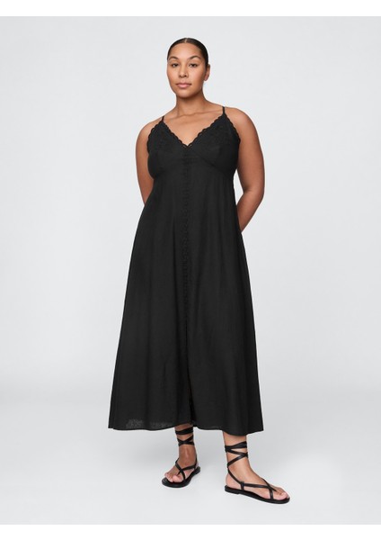 Kadın Siyah Linen-Blend Nakışlı Halter Maxi Elbise fırsatları