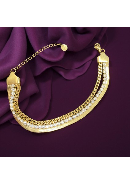 Gold Renk Antialerjik 316 L Zirkon Taşlı Üçlü Model Çelik Bileklik [kod A0808]