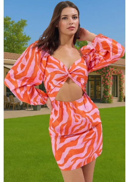 Yazlık Mini Elbise Pamuklu Soyut Desenli Cut Out Detaylı Konforlu Kesim Profesyonel Görünüm fiyatları