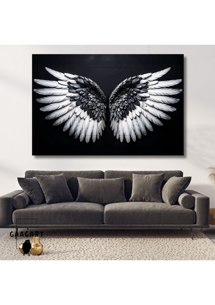 Tekli Yatay Kanvas Duvar Tablosu Siyah Beyaz Melek Kanat