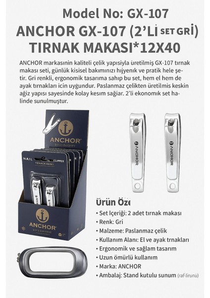 Anchor GX-107 (2'li Set Gri) Tırnak Makası Seti – 12X40
