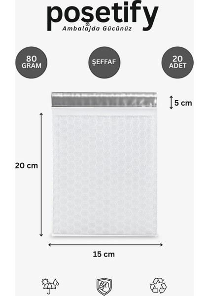 Balonlu Şeffaf Kargo Poşeti 15X20+5 cm | 80 gr Bantlı Patpatlı Kargo Poşeti | 20’li E-Ticaret Poşeti