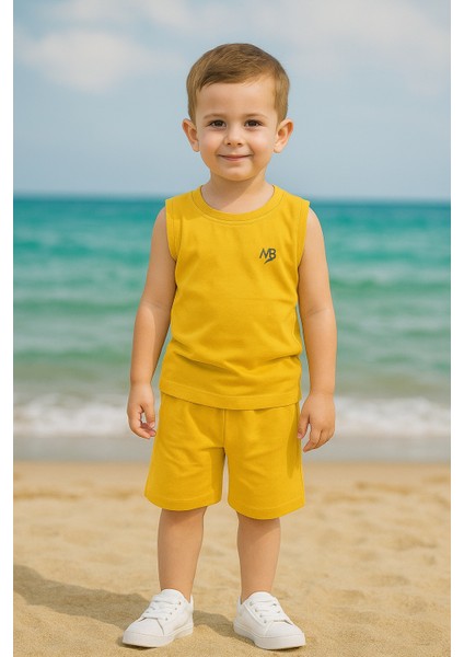 Kolsuz Yazlık Takım Erkek Çocuklar İçin Reflektör Baskılı 100% Pamuklu Sarı