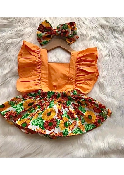 Kız Bebek Slopet Elbise Romper Bandana Set