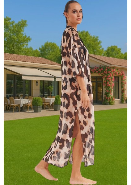 Rahat Şifon Maxi Elbise Leopar Desenli Yazlık Plaj Rahat Kullanım Premium Kalite Rahat ve Şık