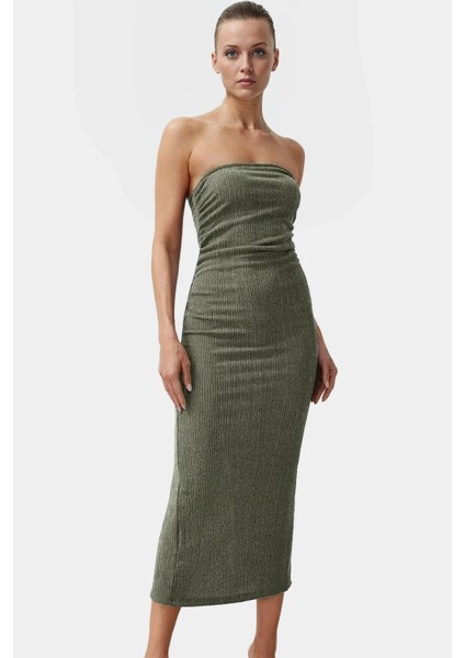 Straplez Bodycon Elbise Esnek Örme Kumaş Midi Boy Yazlık Konforlu Kesim Dayanıklı Malzeme