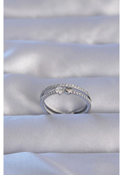 Bfs Pirinç Gümüş Renk Zirkon Taşlı Kalpli Su Yolu Model Ayarlanabilir Yüzük