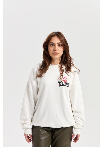 Baskılı Ekru Oversize Sweatshirt
