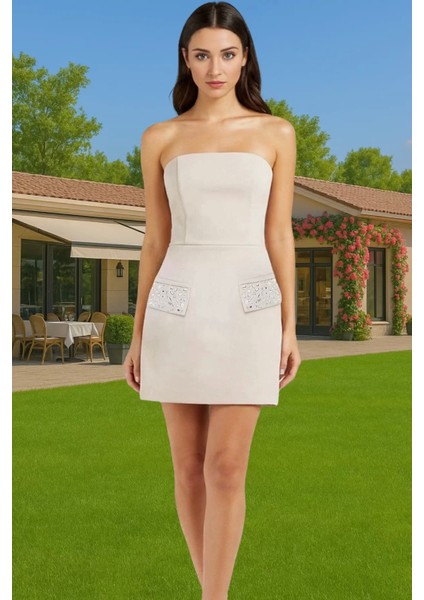 Mini A Line Straplez Abiye Elbise Polyester Elastan Finike Dokuma Özel Tasarım Özenle Seçilmiş