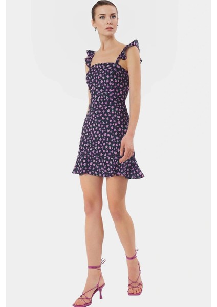 Yazlık Çiçekli Mini Elbise A Line Kare Yaka Moss Krep Polyester Rahat ve Şık