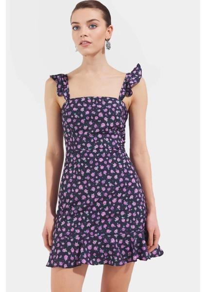 Yazlık Çiçekli Mini Elbise A Line Kare Yaka Moss Krep Polyester Rahat ve Şık modelleri