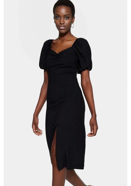 Rahat ve Şık Dokuma Elbise Midi Boy A Line Kalp Yaka Yazlık Kombinler Için Seçkin Malzeme